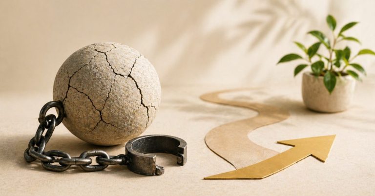 Minimal symbolic image showing a cracked stone ball and broken chain beside a clear path and arrow, representing breaking free from perfectionism and moving toward purpose.
