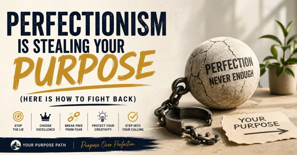 Perfectionism is stealing your purpose featured image showing a cracked stone labeled perfection, broken chains, and a Your Purpose Path graphic about choosing excellence over fear.