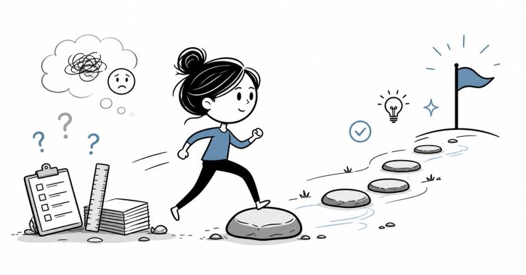 Minimal Your Purpose Path doodle illustration showing a woman stepping past fear, perfectionism, and self-doubt toward a clear goal, representing bold action and forward momentum.