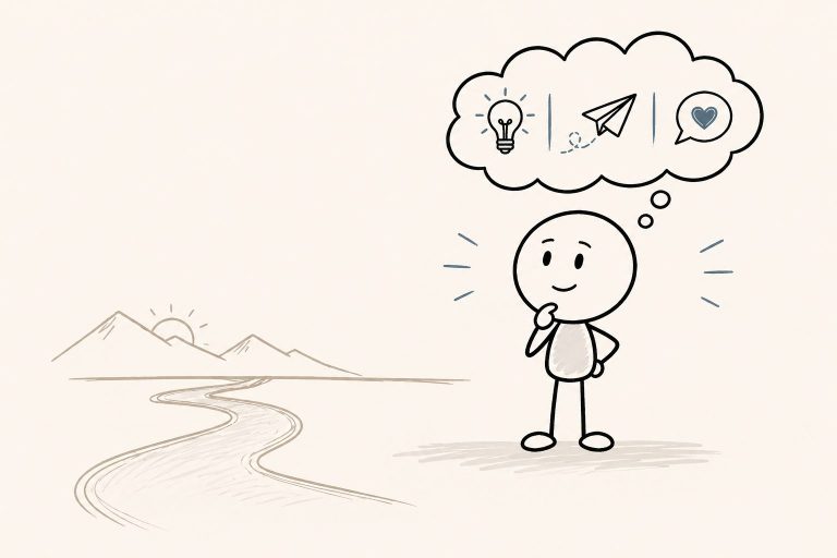 Minimal Your Purpose Path doodle illustration showing a thoughtful character looking toward a winding path and mountains while considering natural gifts, childhood joy, and what people come to them for.