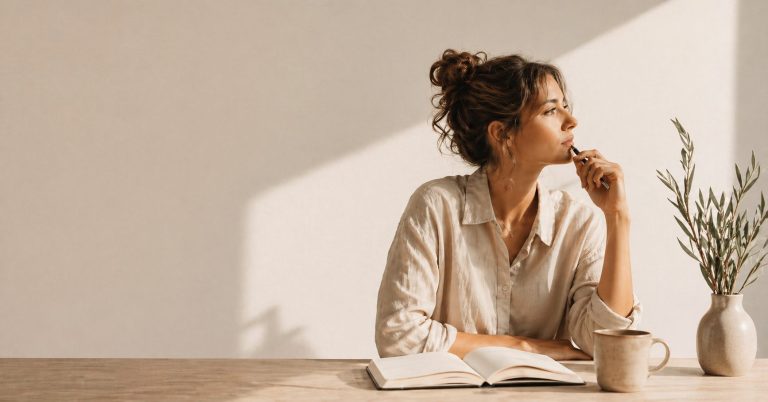 Minimal neutral-toned featured image for a Your Purpose Path article about waiting on God’s timing versus taking action, showing a thoughtful woman journaling in a calm workspace.