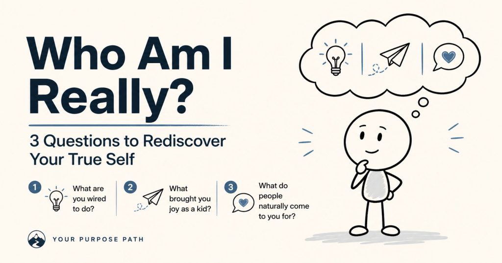 Minimalist Your Purpose Path illustration for a self-discovery article titled “Who Am I Really?” showing a thoughtful doodle character with icons for gifts, childhood joy, and what people naturally come to you for.