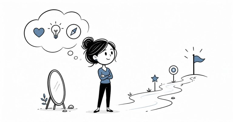 Minimal Your Purpose Path doodle illustration showing a confident woman reflecting on her values, gifts, and direction while standing near a mirror and a clear path, representing identity and a stronger personal elevator speech.