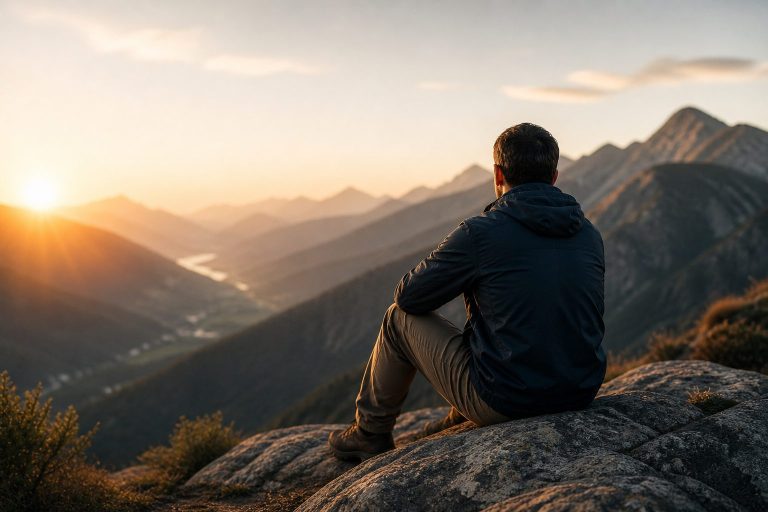 Realistic featured image of a man sitting on a rocky mountain overlook at sunrise, representing reflection, gratitude, long-term purpose, and daily intentional living.