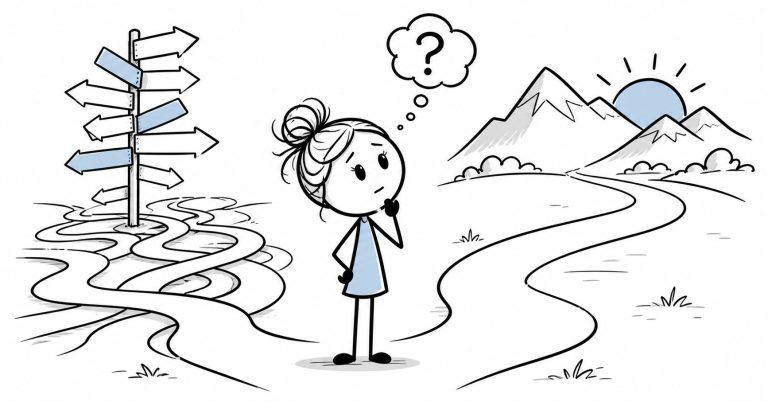Minimal Your Purpose Path doodle illustration showing a woman standing between too many confusing paths and one clear road, representing choice overload, decision fatigue, and finding clarity.