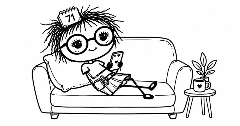 Minimal Your Purpose Path doodle illustration showing a comfortable, content woman lounging on a sofa with her legs crossed while looking at her phone, representing comfort, passivity, and the temptation to stay safe instead of pursuing her calling.