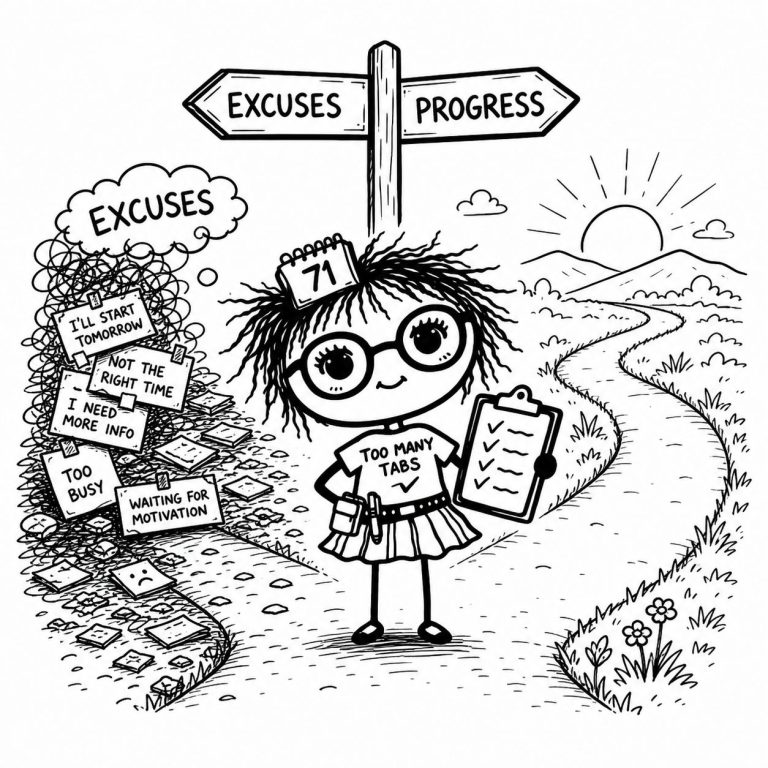 Minimal Your Purpose Path doodle illustration showing 71 Tabs Tabitha surrounded by messy drafts, crumpled papers, and scattered creative ideas while continuing to create, representing imperfect action, persistence, and finding the breakthrough idea through messy attempts.