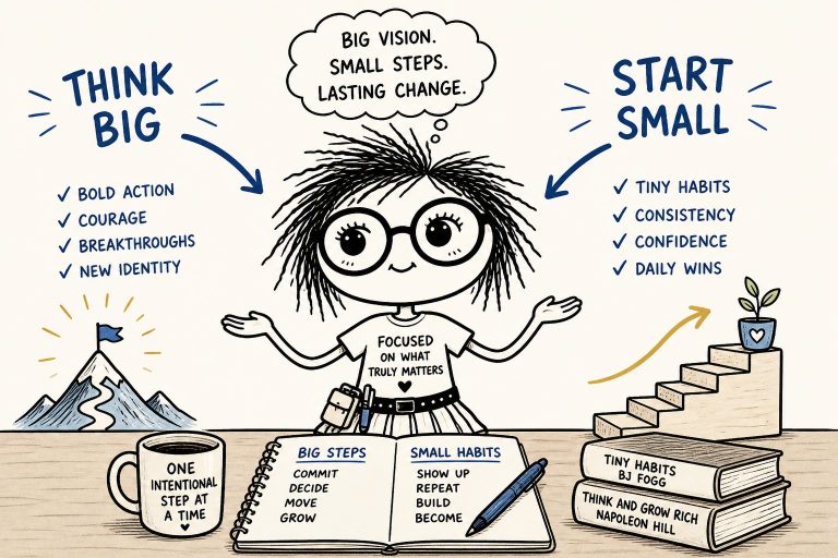A clean doodle-style featured image showing a character between two habit-building approaches: bold action on one side and small daily habits on the other. The illustration includes a mountain, stair steps, books, a journal, and handwritten notes to visually connect big vision with consistent small steps. Best used as a featured image for a blog post about building habits, clarity, focus, and purpose.