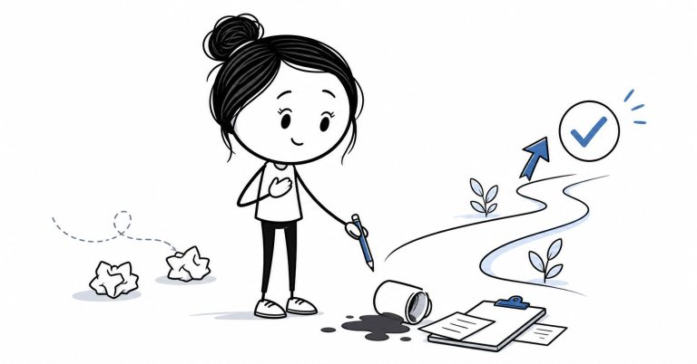 Minimal doodle-style illustration of a person standing between a messy excuse list and a clear path forward, showing the shift from avoiding mistakes to taking responsibility and moving ahead.
