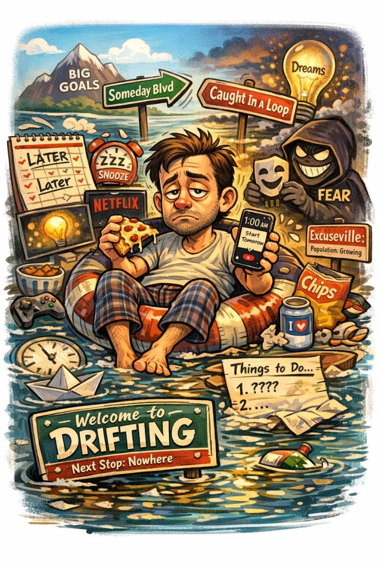A colorful caricature of a man eating pizza, surronded by subjects that symbolize excuses and procrastination.