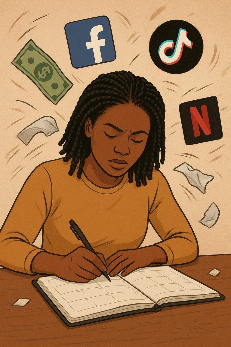 An image of a woman, writing in journal, trying to stay focused while social media is trying to distract her.