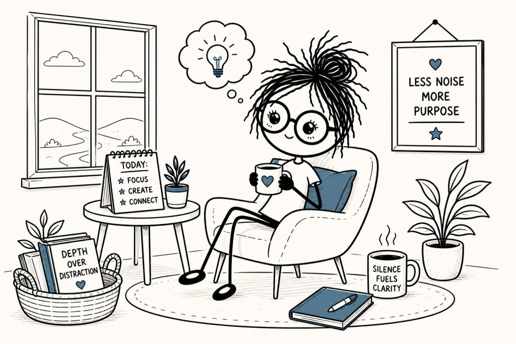 A doodle-style character sits quietly with a mug by a window while books, plants, and a lightbulb thought bubble show how silence and boredom support deep focus and creativity.