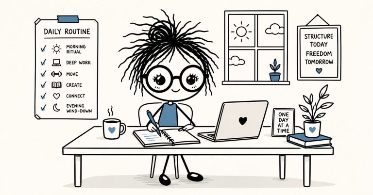 A doodle-style character writes at a structured desk with a checklist, laptop, coffee, plants, and calm morning elements, showing how routine reduces decision fatigue and supports creativity.