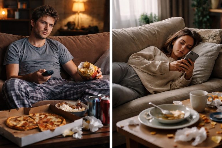Picture of a woman laying on the sofa, looking at her phone, In front of her there are dirty dishes and unfinished food.
