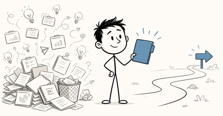 Doodle-style illustration of a man choosing one clear folder while leaving a messy pile of papers, notebooks, lightbulbs, and scattered ideas behind, representing focus, fewer ideas, and better decision-making.