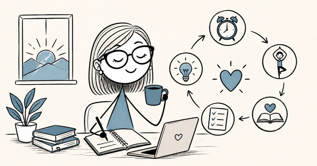 Doodle-style illustration of a calm woman with shoulder-length hair sitting at a desk with a journal, laptop, coffee, and peaceful routine icons, representing success with peace, clarity, and balanced purpose-driven living.