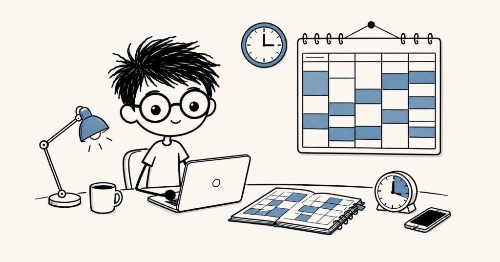 A doodle-style male character works at a laptop beside a calendar, clock, planner, and plain coffee mug, showing how time blocking supports productivity, focus, and goal progress.