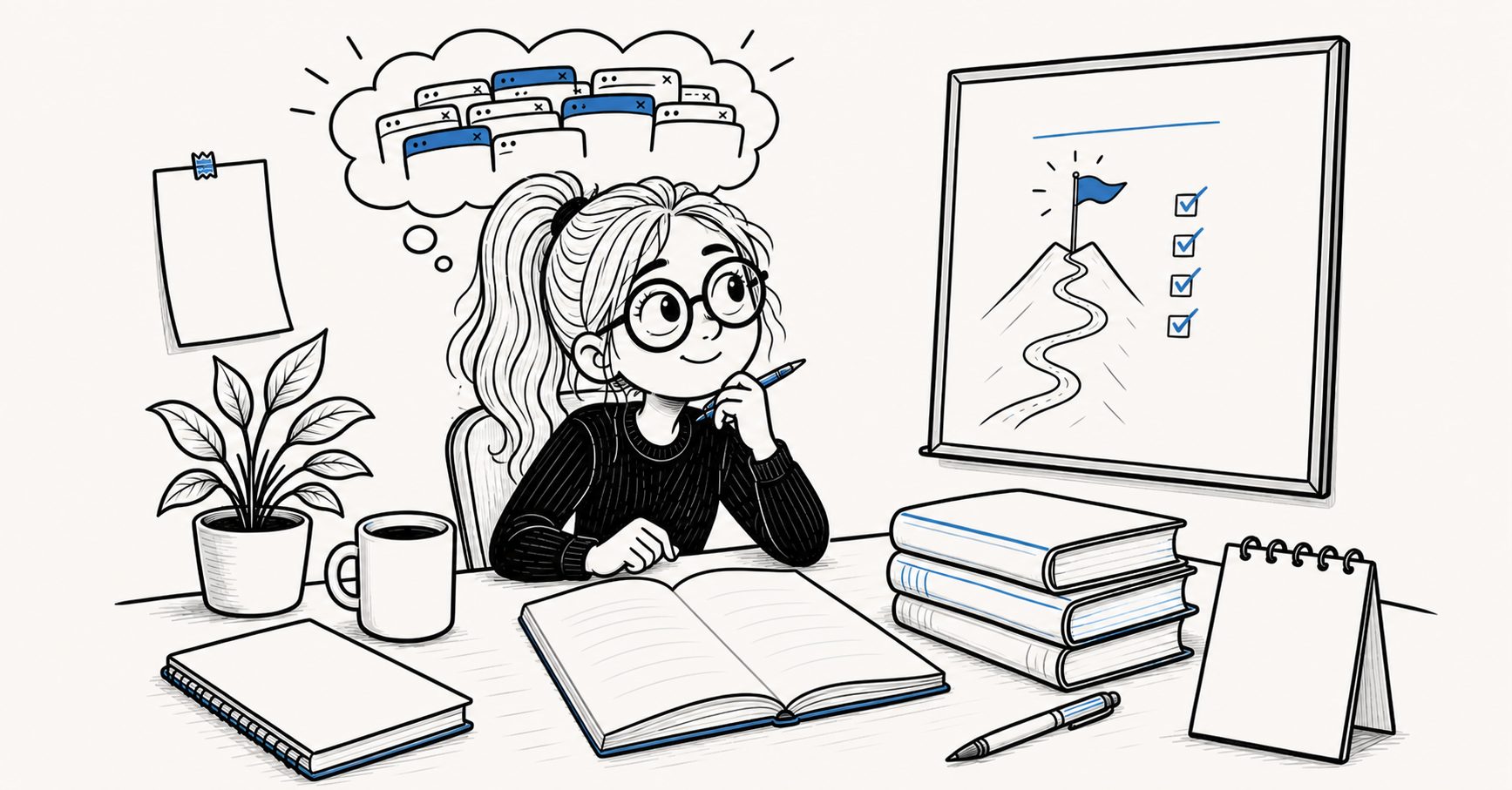 Doodle-style illustration of a woman at a desk with an open journal, books, browser tabs in a thought bubble, and a goal chart showing a path toward focused action.