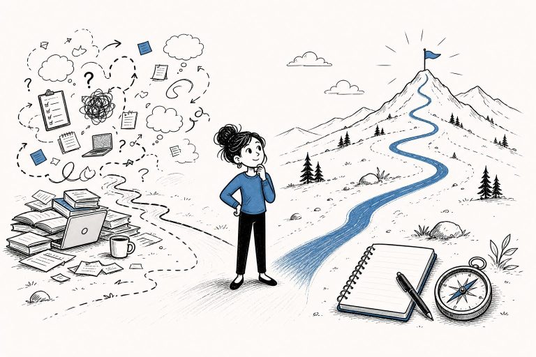 Minimalist doodle-style illustration of a woman standing between scattered mental clutter and a clear blue path leading toward a mountain, representing clarity, focus, and purposeful direction.