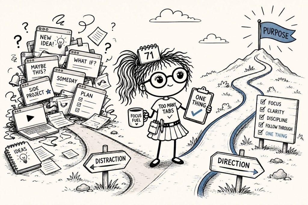 Caricature of 71 Tabs Tabitha holding a one thing checklist while standing between a pile of distracting ideas and a clear path toward focus, clarity, discipline, and follow-through.
