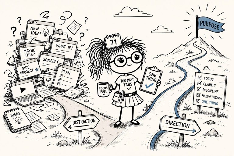 Caricature of 71 Tabs Tabitha holding a one thing checklist while standing between a pile of distracting ideas and a clear path toward focus, clarity, discipline, and follow-through.