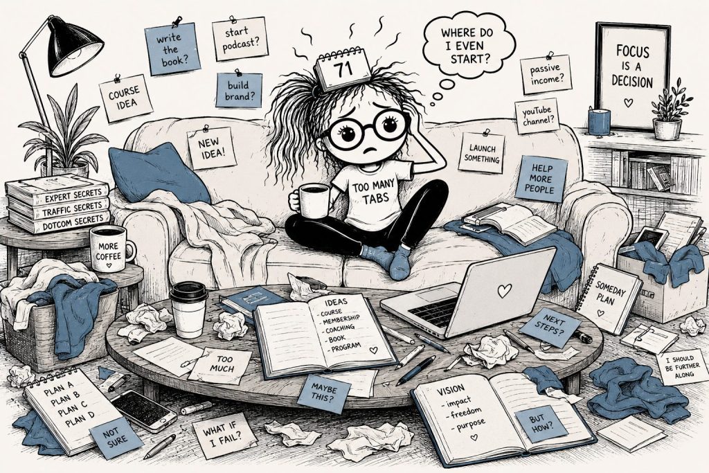 Caricature of 71 Tabs Tabitha sitting overwhelmed on a sofa, surrounded by scattered notebooks, papers, coffee cups, and unfinished ideas that represent too many open decisions.
