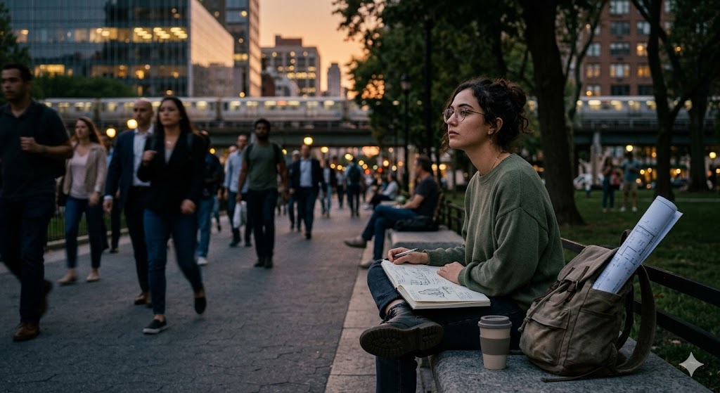 A candid-style photograph taken at dusk shows a young woman with dark curly hair and glasses, wearing a green sweater and jeans, sitting pensively on a granite bench in a busy city park. She is holding a pen and looking up thoughtfully from a sketchbook open on her lap. Beside her are a canvas backpack with blueprints sticking out and a reusable coffee cup. The background is bustling with blurred pedestrians walking on a pathway, large trees, and an elevated subway train passing in front of illuminated city buildings under a twilight sky.