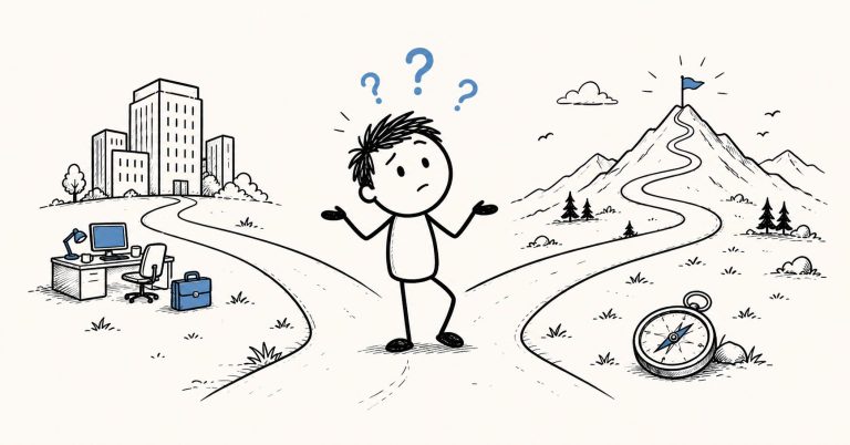 Minimalist doodle illustration of a confused man standing at a fork in the road between an office path and a mountain path, showing career direction and decision uncertainty.