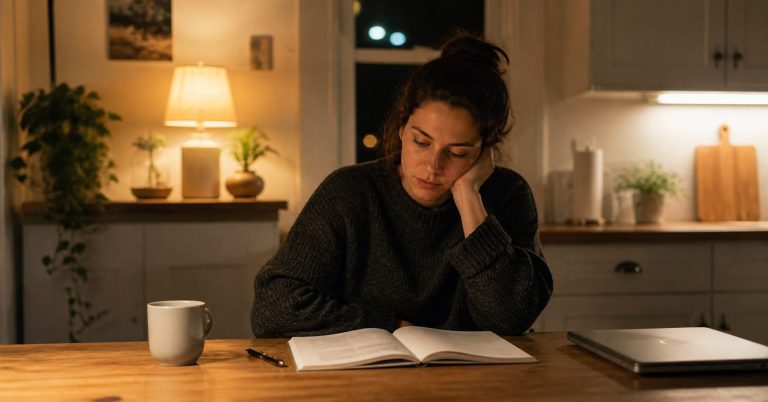 A woman sits at a kitchen table late in the evening with an open notebook and laptop, quietly reflecting as she admits an important career or life decision to herself.