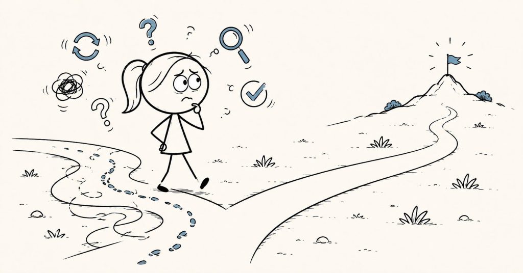 Minimalist caricature of a woman second-guessing herself at a fork in the road, with looping footprints and question icons showing self-doubt and decision uncertainty.