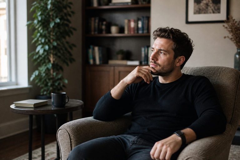 A realistic photo-style man sits thoughtfully in an armchair beside a window, showing the quiet reflection needed to plan a career reset without panic.