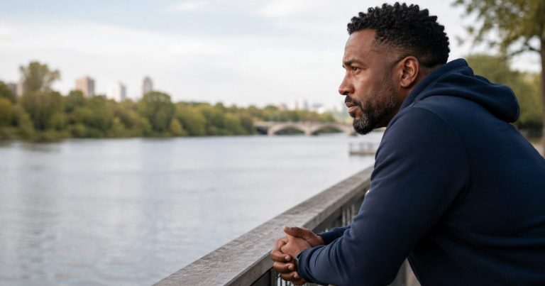 A thoughtful middle-aged Black man stands by a river, looking into the distance as he contemplates an important decision about whether to keep going or change direction.