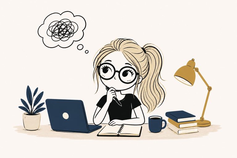 A blonde caricature character with glasses sits at a desk with a laptop, notebook, coffee mug, books, and a messy thought bubble, representing career confusion, overthinking, and the need for career clarity.