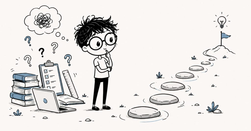 A male doodle character with messy hair and glasses stands beside books, a laptop, and checklists while overthinking a simple path forward, representing why smart people stay stuck.
