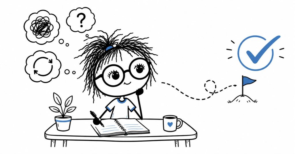 A black-and-white doodle character with messy hair sits at a desk with a notebook and coffee, surrounded by thought bubbles showing confusion and overthinking, while a dotted path leads to a check mark and flag, representing the decision to stop negotiating with yourself and choose.
