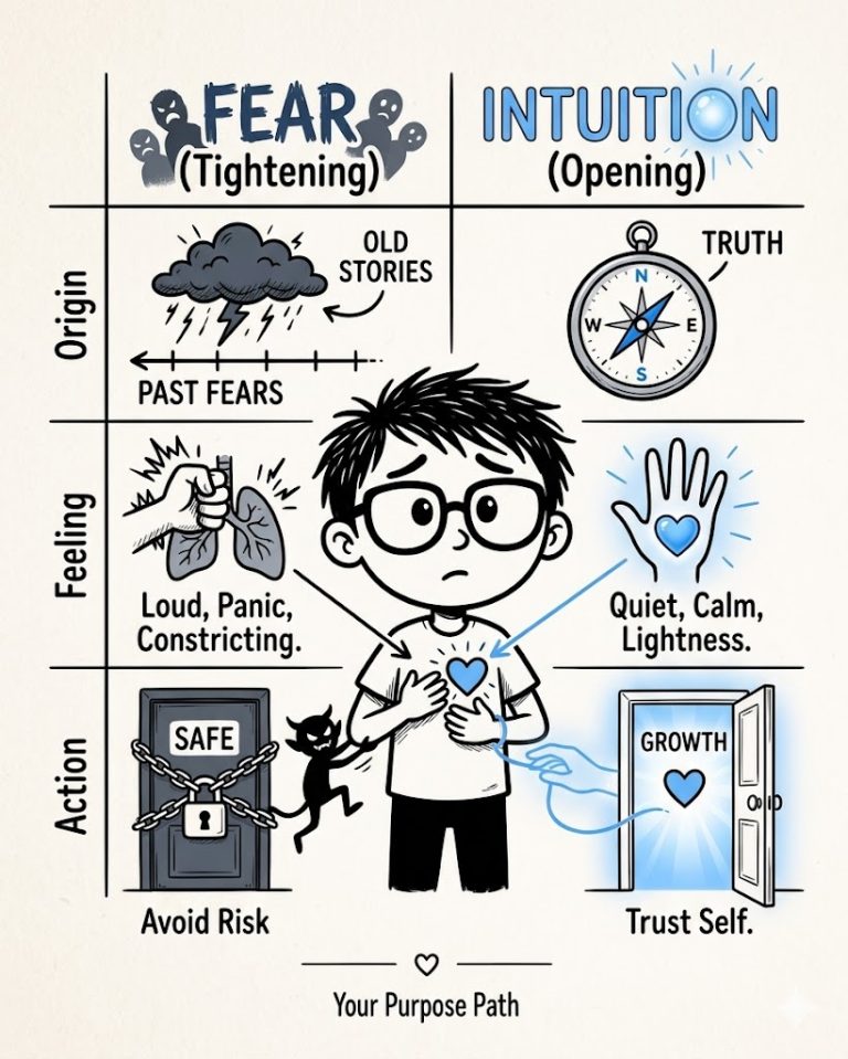 A detailed, hand-drawn sketch caricature illustration style infographic comparing fear and intuition on a textured paper background. The header has two columns: "FEAR (Tightening)" with small ghost icons on the left, and "INTUITION (Opening)" with a radiant light blue glowing orb icon on the right. Below the header are three rows labeled in the left margin: "Origin," "Feeling," and "Action." The "Origin" row contrasts a dark stormy rain cloud with lightning, connected to arrows pointing to "PAST FEARS" and "OLD STORIES" on the left, with a classic compass pointed towards "TRUTH" on the right. The "Feeling" row contrasts a close-up of tensed hands squeezing a pair of lungs with "Loud, Panic, Constricting" text below on the left, with an open hand holding a heart symbol with soft radiant lines and "Quiet, Calm, Lightness" text below on the right. The "Action" row contrasts a large wooden door completely locked with heavy chains and a padlock marked "SAFE" with a shadowy little devil-like figure actively tensing and pulling at it and "Avoid Risk" text below on the left, with an open door framed by a glowing blue aura, marked "GROWTH" with a hand and a glowing heart icon emerging from it and "Trust Self" text below on the right. A central, tensed, puzzled figure (person with dark, messy hair and big round glasses) is shown between rows 2 and 3, with hands clasped over their tensed red heart icon, being tensed and pulled in both directions by the visual elements of fear and intuition. The bottom footer has a small heart symbol and the text "Your Purpose Path."