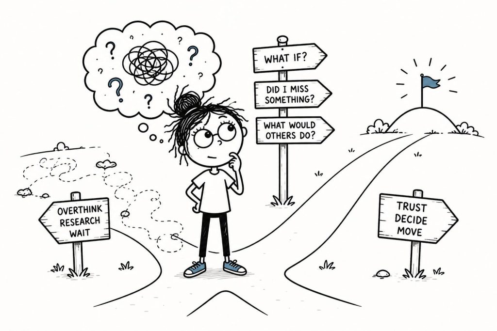 Minimalist doodle illustration of a confused woman at a crossroads surrounded by signs, questions, and tangled thoughts, representing unclear direction, decision overload, and attracting the wrong opportunities.
