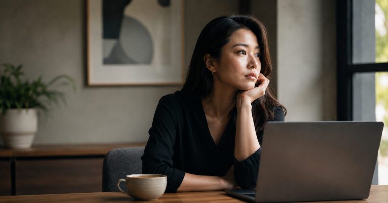 A thoughtful woman sits at a laptop in soft natural light, pausing before taking action, representing the quiet cost of waiting until you feel ready.
