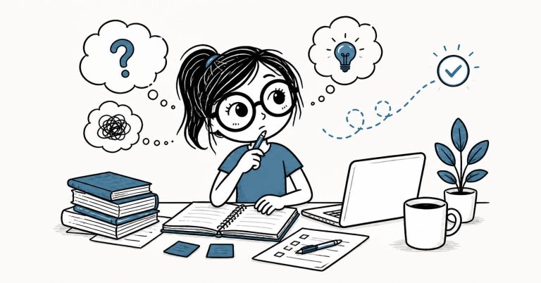 Hand-drawn illustration of a thoughtful woman with a ponytail working at a desk with books, a notebook, a laptop, and visual symbols for overthinking, ideas, and making a decision.