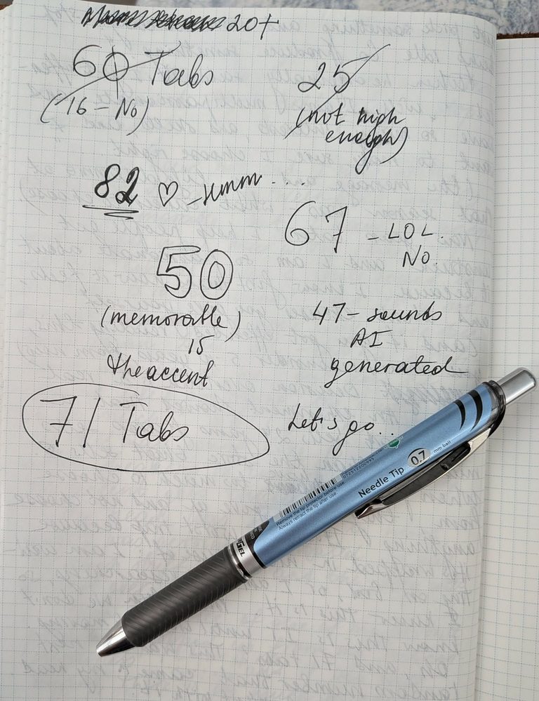 Journal page photo: handwritten list of numbers considered for a business name
