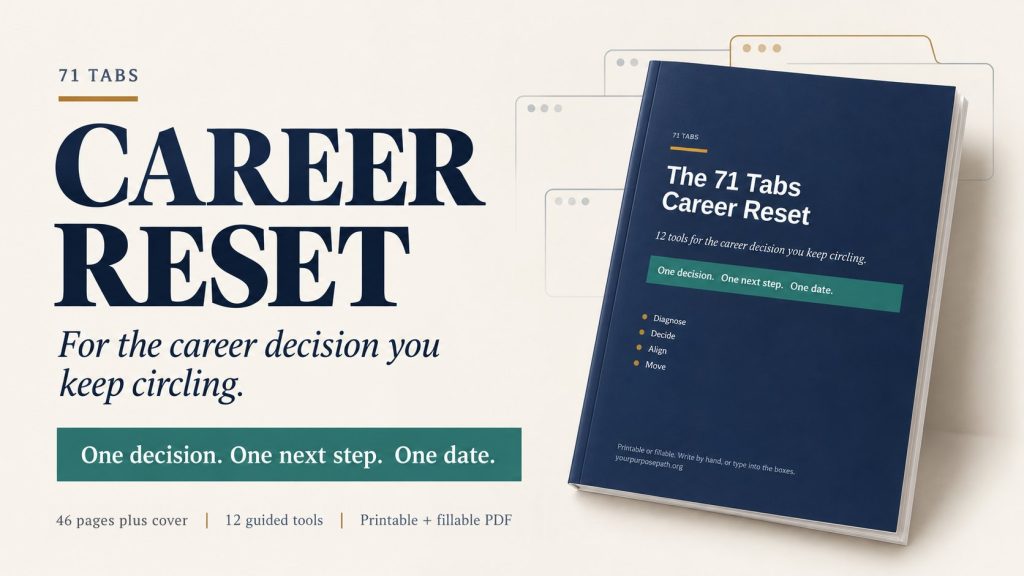 The 71 Tabs Career Reset workbook cover: one decision, one next step, one date. Printable and fillable PDF, 46 pages plus cover, with 12 guided tools.